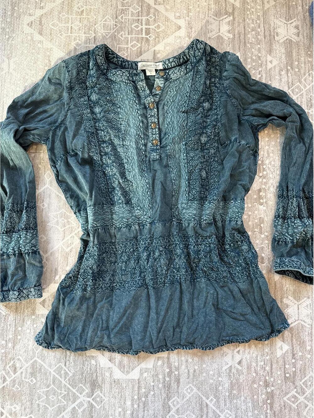 Coldwater Creek Blue Viscose Embroidered Long Sleeve Blouse, Size Small